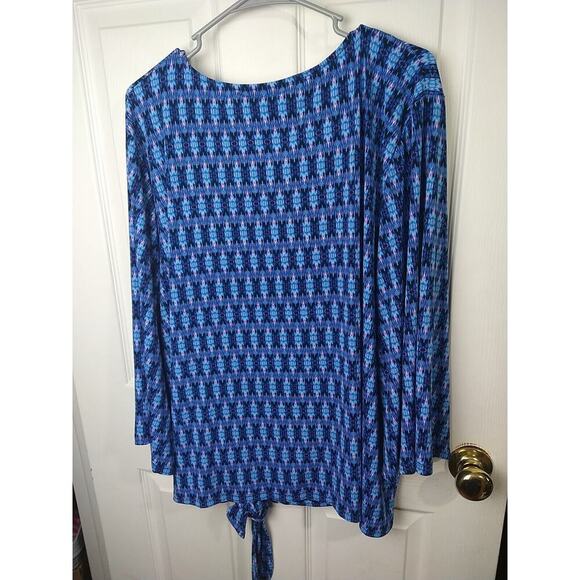 Rafaella Woman 3X Blouse Blue Aztec Western Argyle Wide 3/4 Sleeve Front Tie - Picture 9 of 9